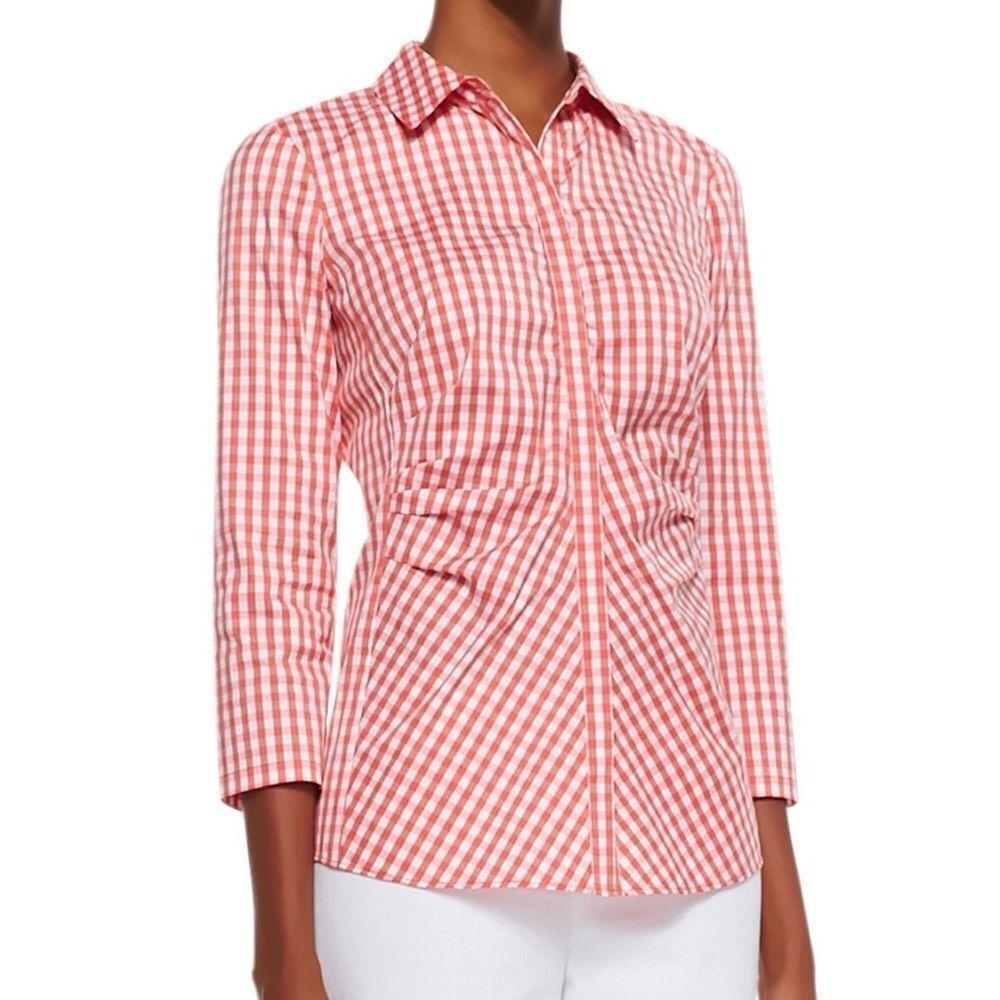 Lafayette 148 Leigh Orange & White Check 3/4 Sleeve Gingham Shirt Size 6